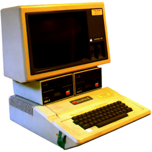 Apple ][ europlus mit 2 disc 1-Laufwerken und einem Apple ///-Monitor